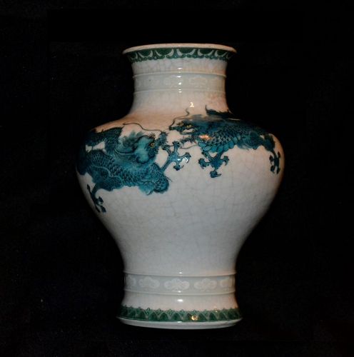 Porcelain Vase. Blue Dragons on a Cracked White.Meiji period.