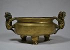 Chinese tripod censer in cast bronze. Buddhist Lions Handle.Ming-Qing
