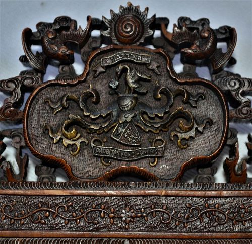 Pair of wooden frames carved with Dragons, Phoenix,and coat of arms