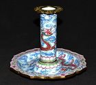 Pair of Beijing enamel candlesticks. Dragon decoration. China Qing dyn