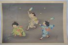 Children and Fireflies print by Kiyohara. Showa period Japan.
