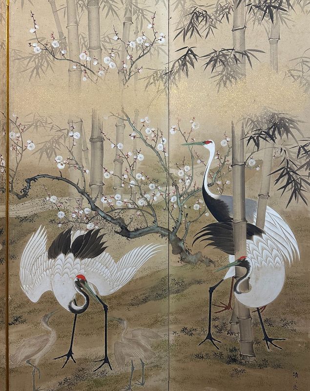 Rimpa School crane screen by Yamamoto Kouichi (1843-1905