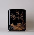 Japanese Lacquer Box with Gold Makie of Plum Blossoms & Chrysanthemums