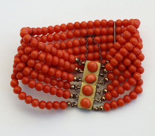 Vintage Mediterranean Coral, 6 Strand Red Coral Beads Bracelet