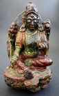 Antique Tibetan painted wood image of Green Tara Bodhisattva