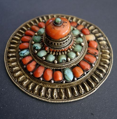 Antique Tibetan Hair Ornament with corals and turquoise, 19th cent.