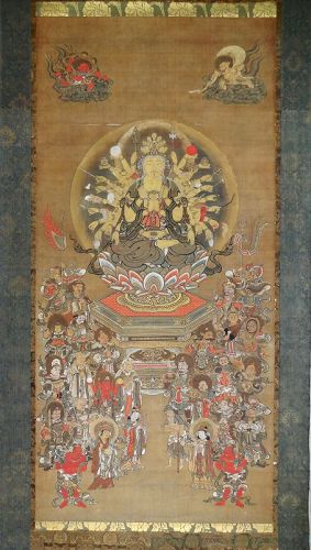 Antique, Large Buddhist Painting with Eleven-Headed Kannon. Edo
