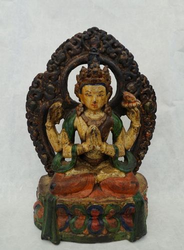 Antique Tibetan Zitan Wood Image of Bodhisattva Chenrezig.