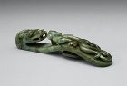 Antique Fine Mottled Spinach Jade Belt Hook, Qing