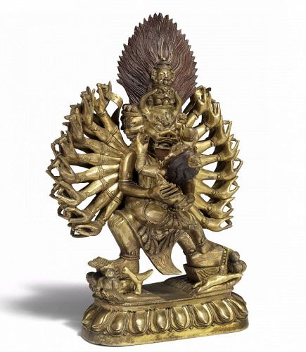 Antique Tibeto-Chinese Gilt Bronze Yamantaka and Consort