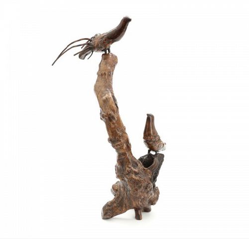 Japanese Wood Sculpture of a Pair of Birds on Tree Trunk