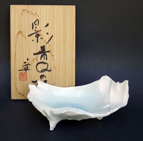 Kato Tsubusa Celadon Asymmetrical Vessel in Seihakuji Glaze