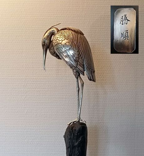 Japanese Silvered Bronze Model of an Egret, Signed Katsunori