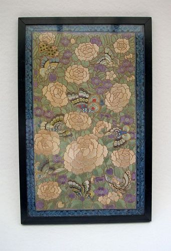 Chinese Silk Embroidery with Peonies and Butterflies