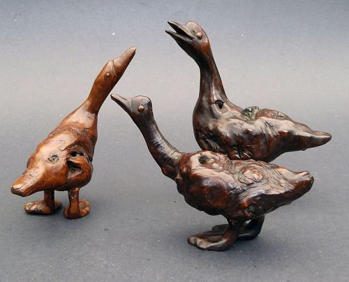 A Rare Rootwood Model Okimono of Ducks, Meiji
