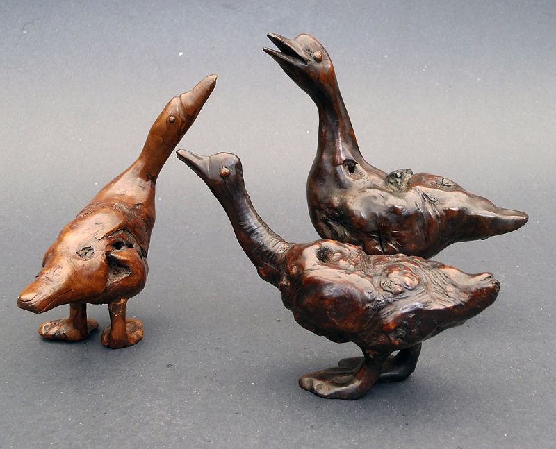 A Rare Rootwood Model Okimono of Ducks, Meiji