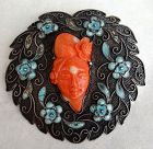 Chinese Brooch, Coral Silver and Enamelling