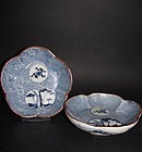 Pair of Arita Cherry blossom and Waves Inban Katagamizuri Dish c.1700