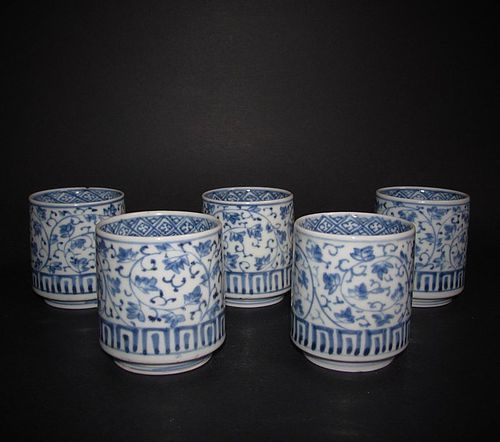 Set of Five Ko Imari Hagi Karakusa Sake Cups c.1750-80