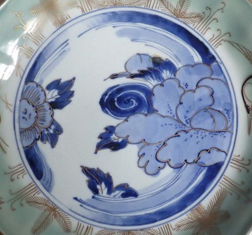 Ko Imari Arita Sometsuke Seji Peony & Wave Pattern Dish c.1750