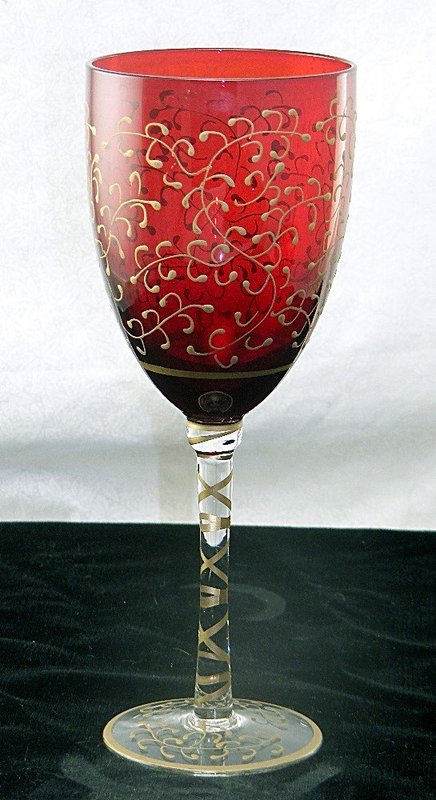Ruby Red Fluer-De-Lis Enamel Art Glass Wine Goblets