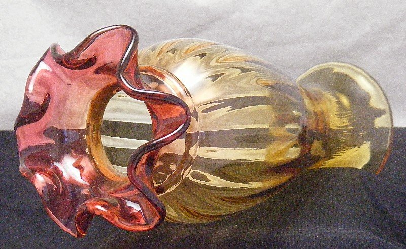 Fenton Art Nouveau Amberina Rib Optic Glass Vase