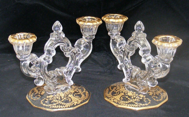 Cambridge Gold Portia Two-Light Candlesticks ~Rare