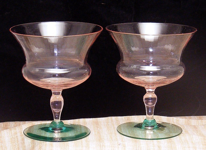 Art Deco Blown Fine Panel Pink and Green Wine Stems