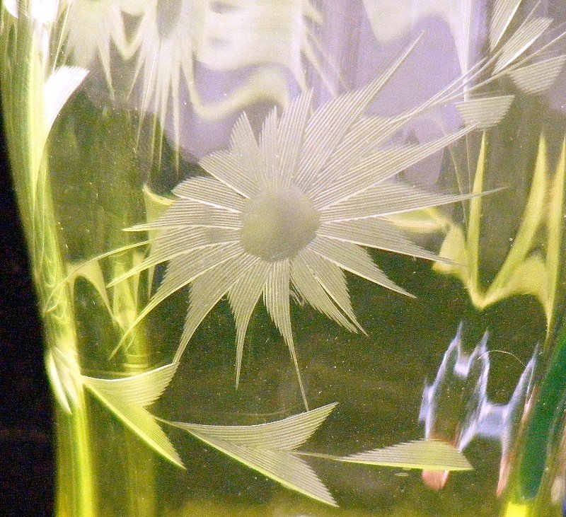 Fenton Vaseline and Cobalt w Cut Star Flower Tumbler