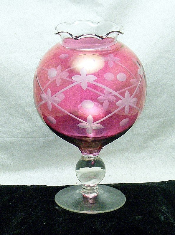 Ivy or Rose Bowl Stem Vase in Cranberry &amp; Cut Design