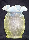 Fenton Vaseline Opalescent Daffodil Vase w Label