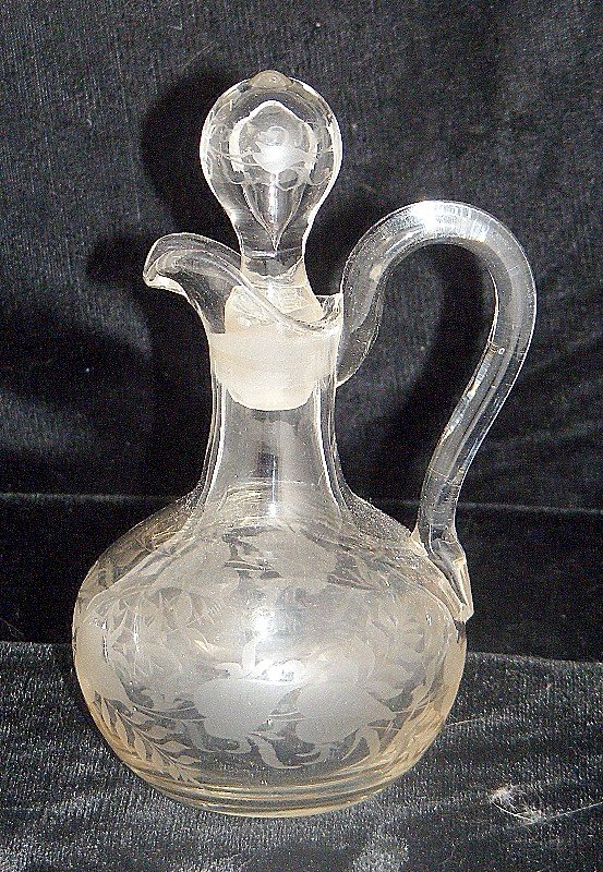 Antique Cruet Grey Cut Leaves &amp; Vines w Bubble Stopper