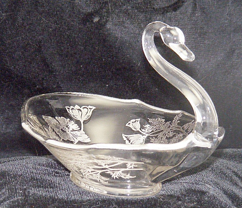 Duncan &amp; Miller Swan Bowl with Silver Overlay Poppies