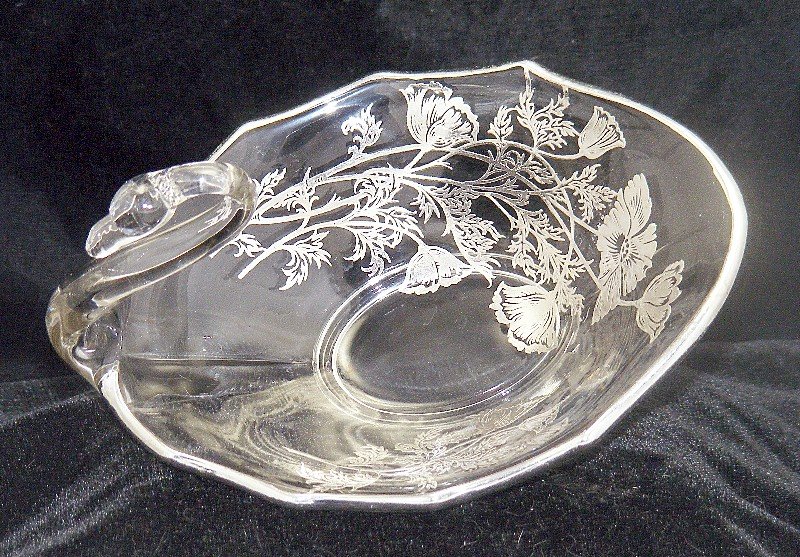Duncan &amp; Miller Swan Bowl with Silver Overlay Poppies