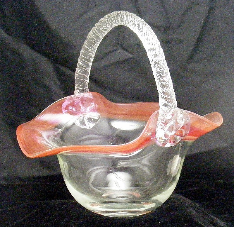 Glass Basket with Cranberry Trim and Twist Handle