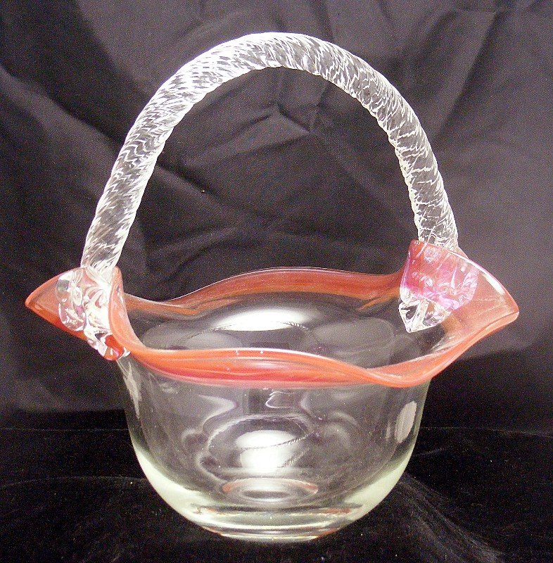 Glass Basket with Cranberry Trim and Twist Handle