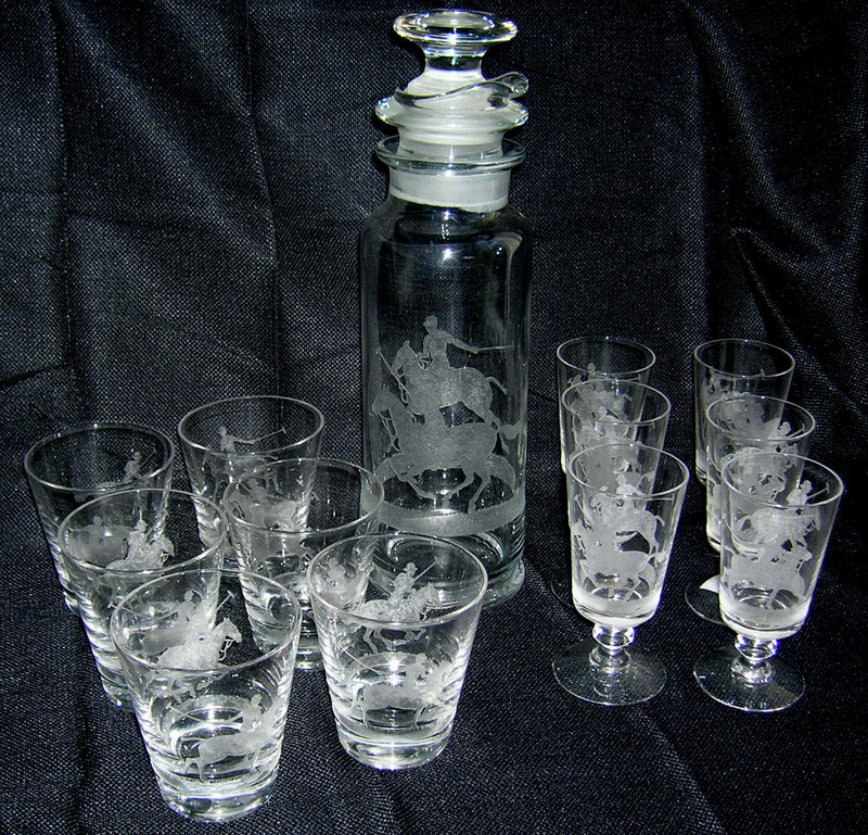 Rare Heisey Etched Polo Player Decanter and Glasses Set