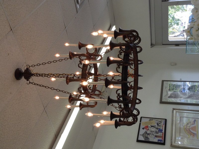 Solid Brass Dbl Tier 24 Light Hunt Horn Chandelier