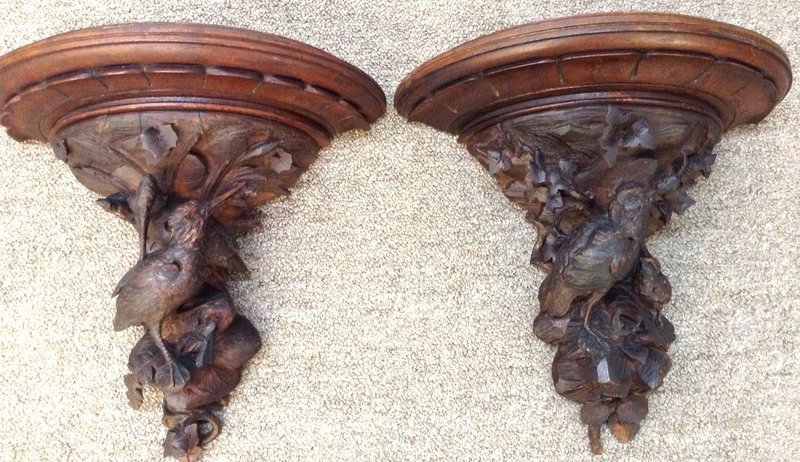 LARGE ANTIQUE BLACK FOREST WALL SCONCES SHELVES