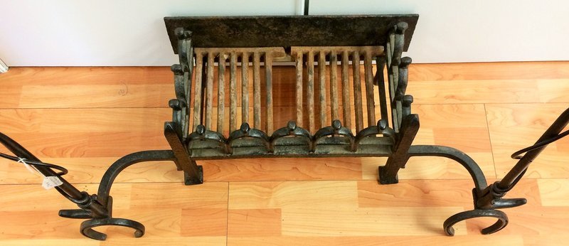 Antique Cast Iron Hunting Whip Horse Shoe Fire Basket Andiron Set