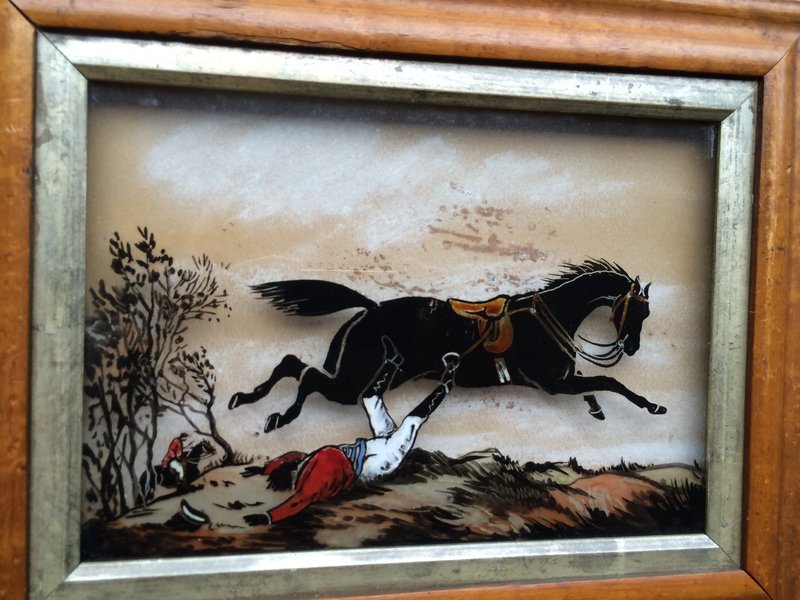 EARLY REVERSE PAINTED HUNT SCENE FOLLIES FRAMED TRIO