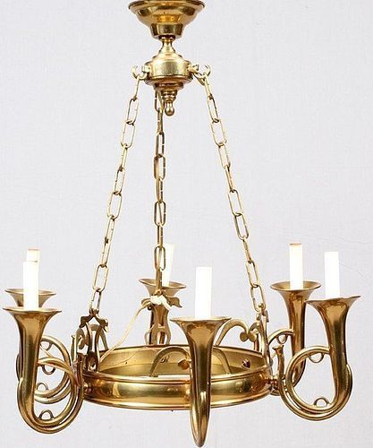 SOLID BRASS 6 ARM FOX HUNTING HORN CHANDELIER VINTAGE