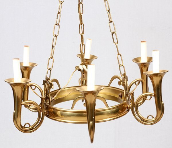 SOLID BRASS 6 ARM FOX HUNTING HORN CHANDELIER VINTAGE
