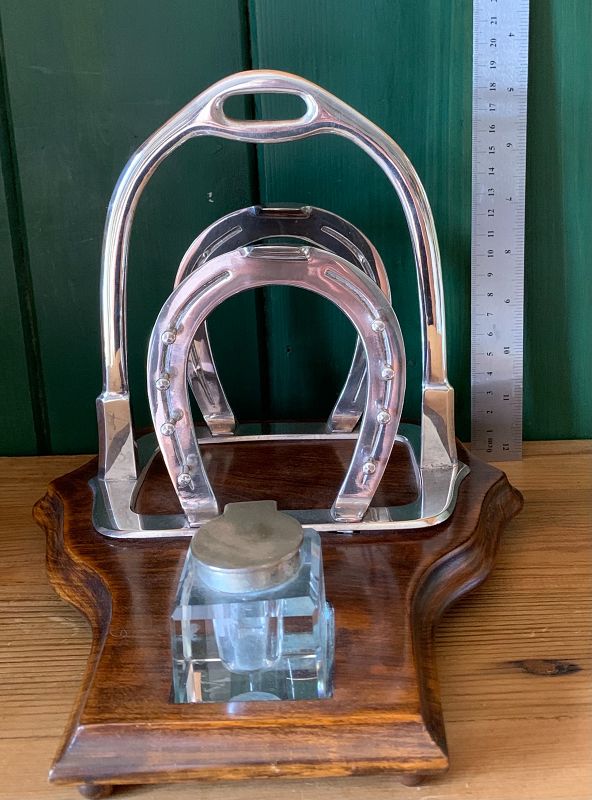 ENGLISH SILVER STIRRUP HORSE SHOE PEN LETTER RACK INKWELL