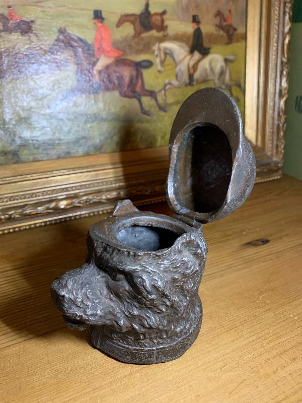 ITS A DOG IN A HUNT CAP! Mixed Metal Victorian Inkwell