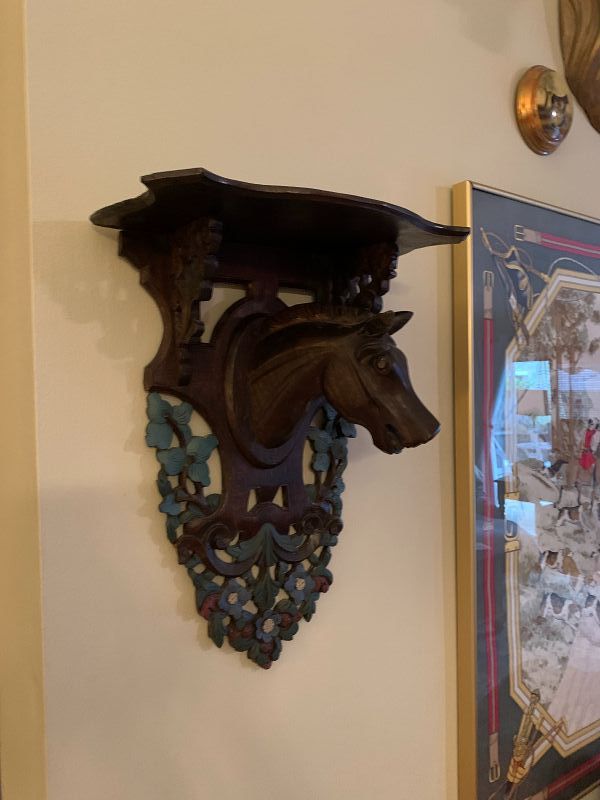 ANTIQUE BLACKFOREST CARVED HORSE HEAD WALL SHELVES