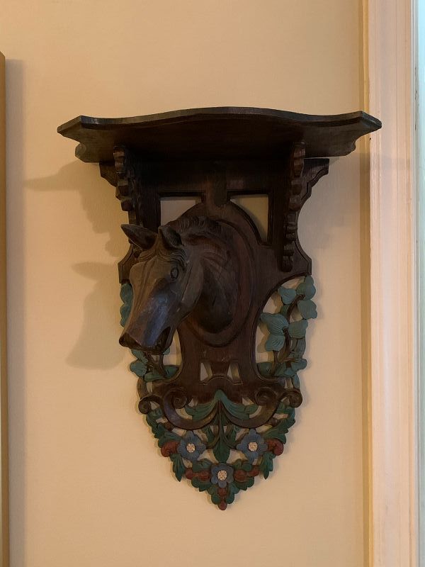 ANTIQUE BLACKFOREST CARVED HORSE HEAD WALL SHELVES