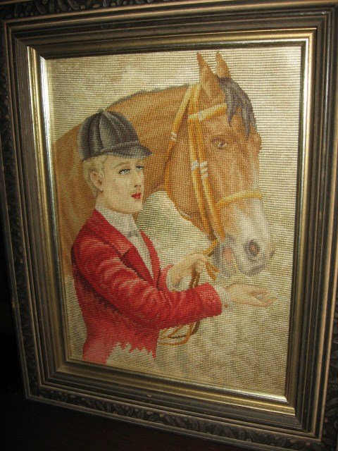 19TH Century Huntsman &amp; Horse Needlepoint Art