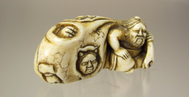 19th Century Japanese Netsuke:  Shoki with Bag Full of Oni's