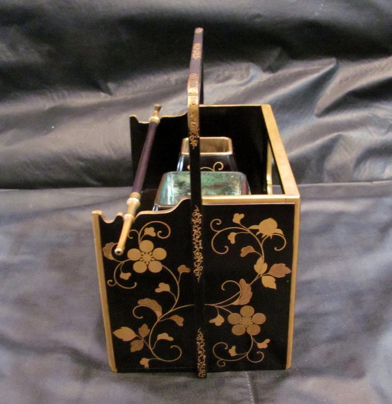 19th C. Japanese Black and Gold Lacquered Wood and Brass Tabako